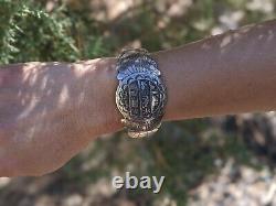 Vintage Navajo Story Teller Round Bracelet Sterling Silver Signed Native Jewelry