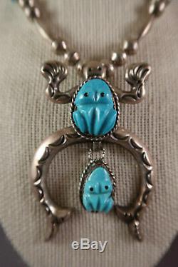 Vintage Navajo or Zuni Signed ML Silver & Turquoise Frog Fetish Necklace