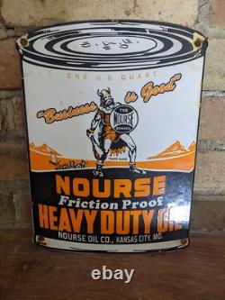 Vintage Nourse Motor Oil Can Porcelain Gas Station Pump Sign 11 X 8