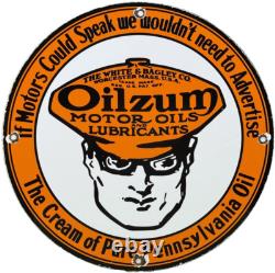 Vintage Oilzum Motor Oil Porcelain Sign Metal White & Bagley USA Gas Station