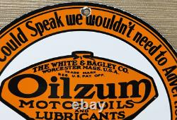 Vintage Oilzum Motor Oil Porcelain Sign Metal White & Bagley USA Gas Station