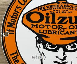 Vintage Oilzum Motor Oil Porcelain Sign Metal White & Bagley USA Gas Station
