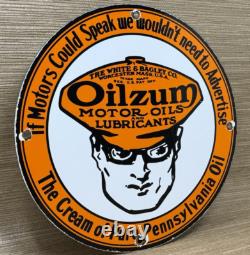 Vintage Oilzum Motor Oil Porcelain Sign Metal White & Bagley USA Gas Station