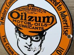 Vintage Oilzum Motor Oil Porcelain Sign Metal White & Bagley USA Gas Station