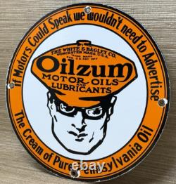 Vintage Oilzum Motor Oil Porcelain Sign Metal White & Bagley USA Gas Station
