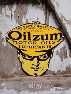 Vintage Oilzum Porcelain Sign White Bagley Lubricants Gas Motor Oil Man Service