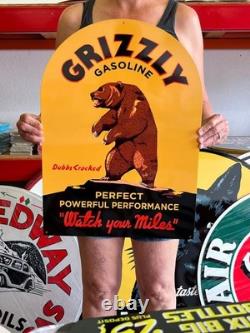 Vintage Old Style Sign Grizzly Gasoline NOT Porcelain Made in USA
