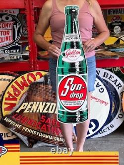 Vintage Old Style Steel Sign Sundrop Soda Bottle NOT Porcelain Made USA 36x10