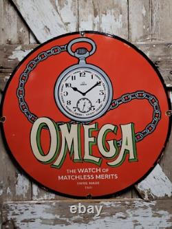 Vintage Omega Porcelain Sign 30 Swiss Watch Dealer Jeweler Repair Sales Time