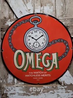Vintage Omega Porcelain Sign 30 Swiss Watch Dealer Jeweler Repair Sales Time