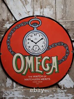 Vintage Omega Porcelain Sign 30 Swiss Watch Dealer Jeweler Repair Sales Time