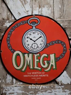 Vintage Omega Porcelain Sign 30 Swiss Watch Dealer Jeweler Repair Sales Time