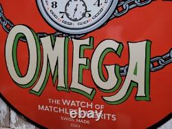 Vintage Omega Porcelain Sign 30 Swiss Watch Dealer Jeweler Repair Sales Time