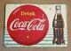 Vintage Original Embossed Tin Coca Cola Button & Bottle Sign Circa 1959 Nice