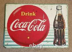 Vintage Original Embossed Tin COCA COLA Button & Bottle Sign Circa 1959 Nice