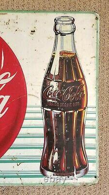 Vintage Original Embossed Tin COCA COLA Button & Bottle Sign Circa 1959 Nice