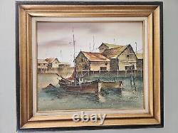 Vintage Original Nautical Oil Painting on Canvas Harbor Boat Scene Signed