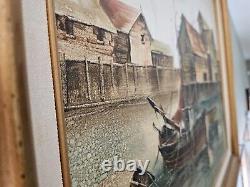 Vintage Original Nautical Oil Painting on Canvas Harbor Boat Scene Signed