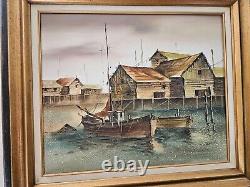 Vintage Original Nautical Oil Painting on Canvas Harbor Boat Scene Signed