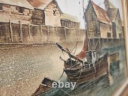 Vintage Original Nautical Oil Painting on Canvas Harbor Boat Scene Signed