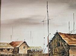 Vintage Original Nautical Oil Painting on Canvas Harbor Boat Scene Signed
