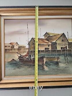 Vintage Original Nautical Oil Painting on Canvas Harbor Boat Scene Signed