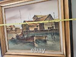 Vintage Original Nautical Oil Painting on Canvas Harbor Boat Scene Signed