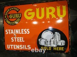 Vintage Original Old Porcelain Enamel Sign Guru Stainless Still Utensils 1960