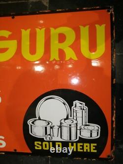Vintage Original Old Porcelain Enamel Sign Guru Stainless Still Utensils 1960