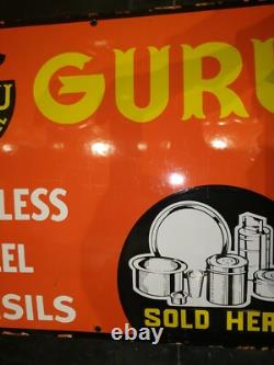 Vintage Original Old Porcelain Enamel Sign Guru Stainless Still Utensils 1960 Vintage Original Old Porcelain Enamel Sign Guru Stainless Still Utensils 1960
