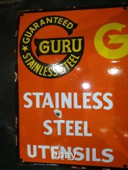 Vintage Original Old Porcelain Enamel Sign Guru Stainless Still Utensils 1960