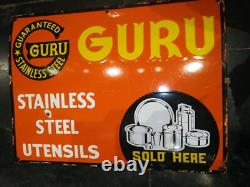 Vintage Original Old Porcelain Enamel Sign Guru Stainless Still Utensils 1960