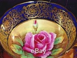 Vintage Paragon Cup & Saucer Pink Rose Gold Decoration On Cobalt Artist Signed