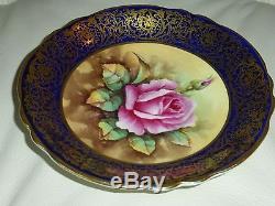 Vintage Paragon Cup & Saucer Pink Rose Gold Decoration On Cobalt Artist Signed