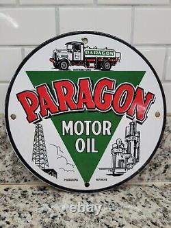 Vintage Paragon Porcelain Sign Motor Oil Producing Refinery Trucking Advertising