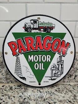 Vintage Paragon Porcelain Sign Motor Oil Producing Refinery Trucking Advertising