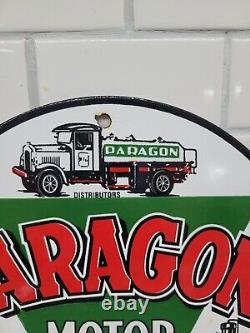 Vintage Paragon Porcelain Sign Motor Oil Producing Refinery Trucking Advertising