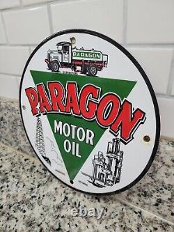 Vintage Paragon Porcelain Sign Motor Oil Producing Refinery Trucking Advertising
