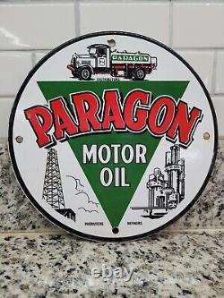 Vintage Paragon Porcelain Sign Motor Oil Producing Refinery Trucking Advertising