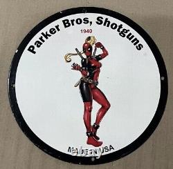 Vintage Parker Bros Shotgun Lady Deadpool Pinup Girl Porcelain Gas Oil Ammo Sign