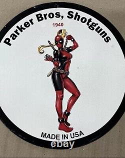 Vintage Parker Bros Shotgun Lady Deadpool Pinup Girl Porcelain Gas Oil Ammo Sign