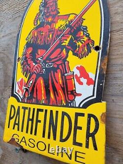 Vintage Pathfinder Gasoline Porcelain Sign Viking Hunting Mountain Man Oil Gas