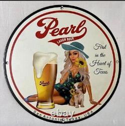 Vintage Pearl Lager Beer Porcelain Pinup Girl Gas Oil Brewery Drink Garage Sign