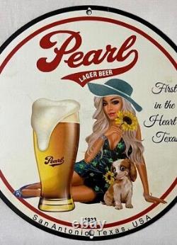 Vintage Pearl Lager Beer Porcelain Pinup Girl Gas Oil Brewery Drink Garage Sign