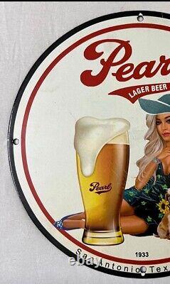 Vintage Pearl Lager Beer Porcelain Pinup Girl Gas Oil Brewery Drink Garage Sign