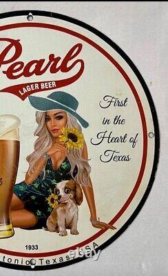 Vintage Pearl Lager Beer Porcelain Pinup Girl Gas Oil Brewery Drink Garage Sign