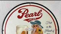 Vintage Pearl Lager Beer Porcelain Pinup Girl Gas Oil Brewery Drink Garage Sign