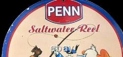 Vintage Penn Saltwater Reel Fishing Gas Oil Service Pump Porcelain Enamel Sign