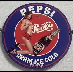 Vintage Pepsi Cola Drink Pinup Girl Porcelain Gas Oil Soda Beverage Station Sign