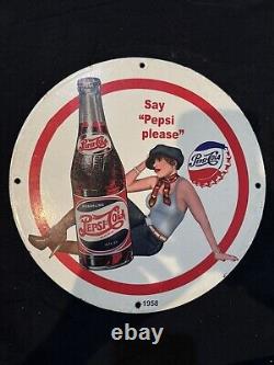 Vintage Pepsi Cola Drink Pinup Girl Porcelain Gas Oil Soda Beverage Station Sign